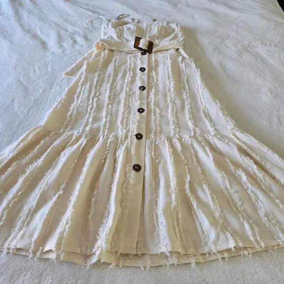 Moon River Cream Fringe Midi Dress XS Belted Button Front Coquette Bridal Resort - Picture 6 of 12